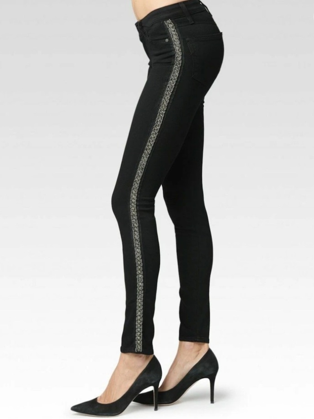 PAIGE Black Ultra Skinny Jeans with Pewter Beaded Side Stripe